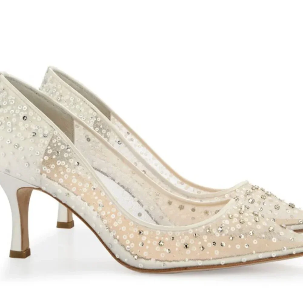 EVELYN IVORY Crystal & Sequin Illusion Mesh Sparkly Kitten Heels - Picture 3 of 4